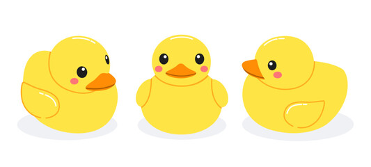 Cute yellow rubber duck in different angles. Cartoon children's bath toy.