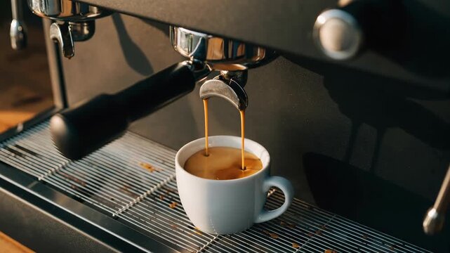 Espresso beverage preparation in mug from machine