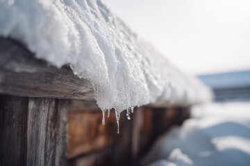 Cabin roof edge with thick snow and clear icicles over rough shingles