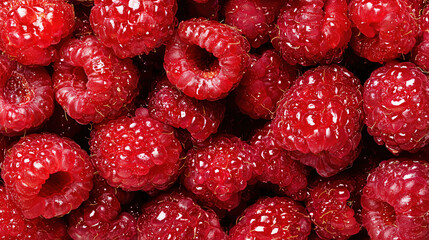 Juicy red raspberries with water drops close-up. Sweet and fresh berry background for healthy food and summer design.