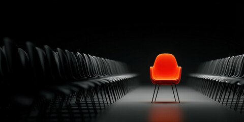 Red chair symbolizing opportunity and leadership in a sea of empty seats. Business and success background