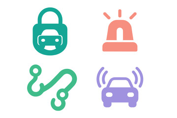Fototapeta premium Four colorful symbols for vehicle security, emergency assistance, towing, and smart technology