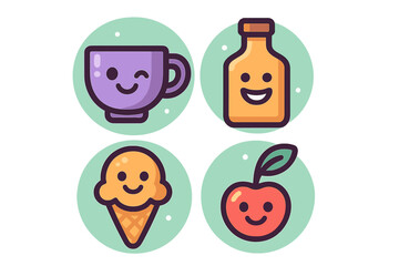 Cute smiling food and beverage icons set including coffee cup, juice bottle, ice cream, and cherry