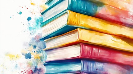 Brightly colored books stacked in a pile, surrounded by vibrant watercolor splatters. A creative and dynamic image suitable for educational or artistic contexts.