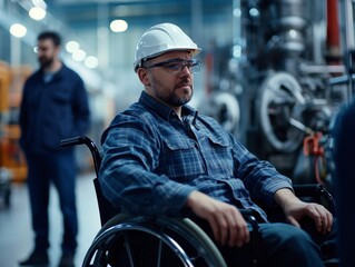 Industrial setting with man in blue shirt and white helmet in wheelchair.