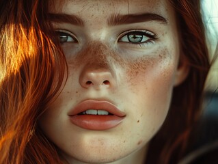 A young woman with fiery red hair and a radiant complexion featuring natural freckles.
