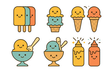 Cute smiling frozen desserts set including popsicles cones sundaes and sweet syrup bottles