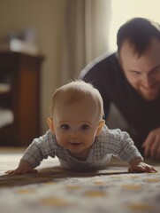 An adorable baby smiling while crawling on a colorful rug indoors with a man watching in the background.