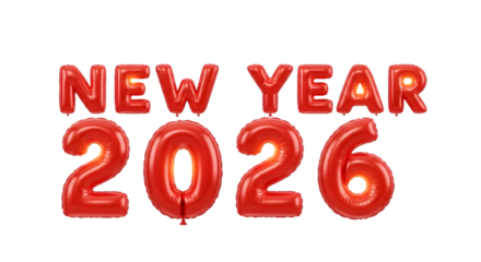 Red balloon 2026, celebration decoration for New Year on transparent background
