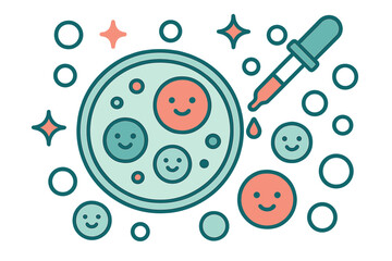 Scientific experiment showing happy smiling cells in a petri dish treated by a dropper
