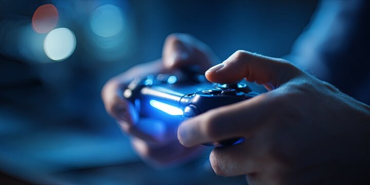Close-Up View of Hands Holding Modern Gaming Controller with Blue Light Effect in Dark Environment