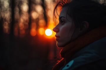Young woman admiring the setting sun amidst trees.