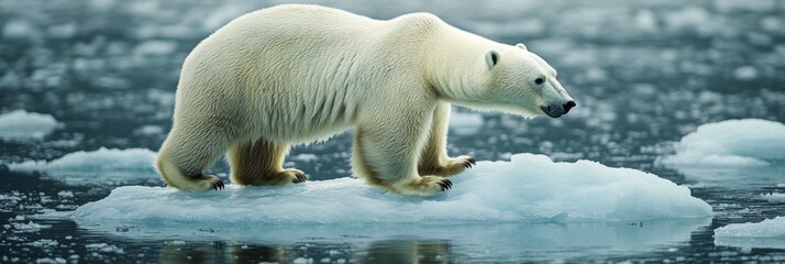 A single polar bear walking across the icy water