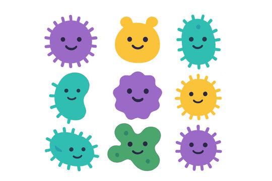 Collection of cute cartoon microorganisms and bacteria with smiling faces