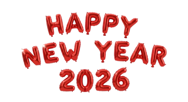 Red balloon 2026, celebration decoration for New Year on transparent background