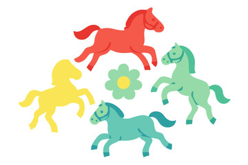 Brightly colored stylized horses in motion surrounding a simple floral design
