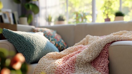 A couch with a blanket and pillows on it. The blanket is striped and the pillows are green and blue