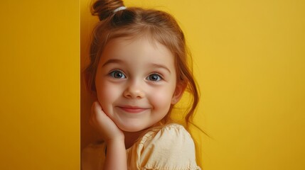 A joyful young girl posing against a soft yellow background, her face brightened by her genuine smile and sparkling blue eyes.