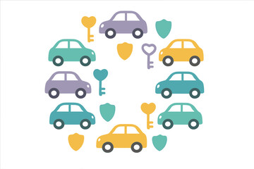 Colorful pattern of stylized cars, heart-shaped keys, and security shields arranged in a circle