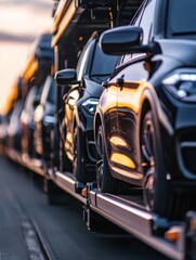 A row of brand new cars being transported via train.