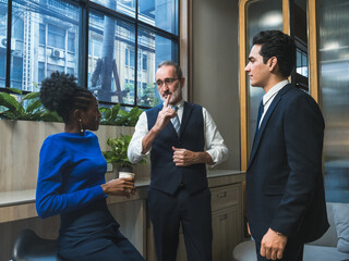 Group business professional engaged discussion modern office. individual dressed in formal attire,creating contemporary professional atmosphere. teamwork corporate communication modern workplace.