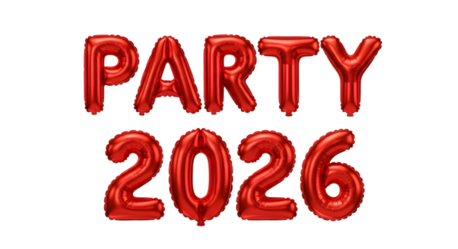 Red balloon 2026, celebration decoration for New Year on transparent background