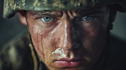 A young soldier grimacing with determination amidst battle, wearing military gear.