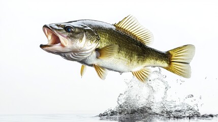 A fish is jumping out of the water. The fish is brown and has a yellow tail