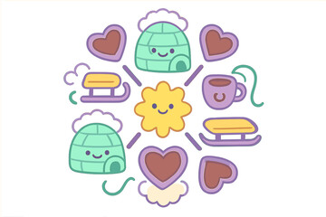 Playful arrangement of smiling igloos, sleds, hearts, and a cozy hot chocolate mug