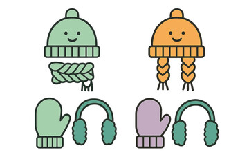 Colorful set of warm winter accessories including knit beanies, braided scarf, mittens, and earmuffs