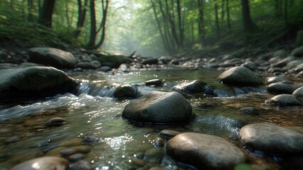 Clear river flowing through a lush forest with sunlight filtering through trees