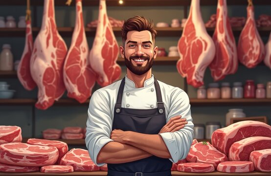 Smiling man butcher in apron stands with arms crossed inside meat shop. Confident professional worker poses behind counter with fresh raw products. Small business owner sells beef pork, lamb cuts