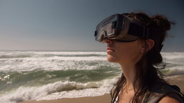 Woman with vr headset standing on beach looking at ocean waves on a sunny day with clear blue sky