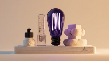 Still life composition featuring light bulbs dropper and abstract geometric shapes on a platform