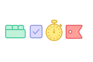 Conceptual icons for task management, time tracking, goal setting, and successful project completion