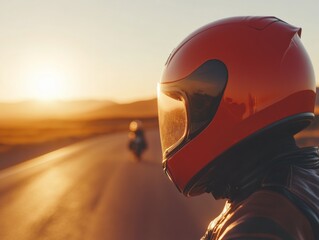 A motorcyclist riding into the sunset with a red helmet on.