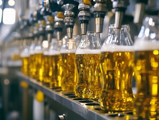 A high-speed bottling line filled with freshly brewed beer. Industrial machinery at work in a brewery.