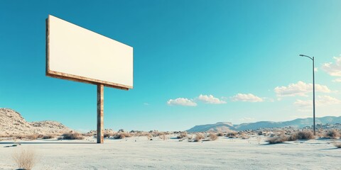 A large white billboard is standing in the middle of a desert. The sky is clear and blue