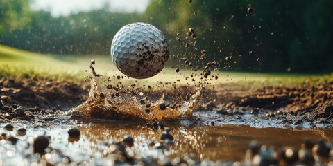 Water splash around golf ball in motion after being hit.