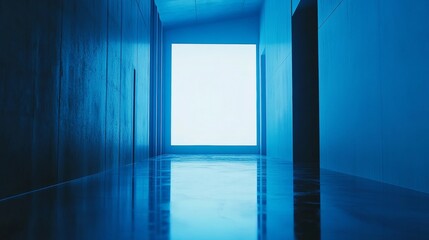 A blue hallway with a white door. The door is open and the hallway is empty. The walls are blue and the floor is shiny