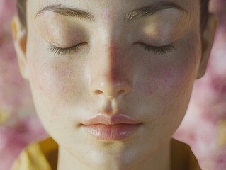 A woman with closed eyes and a serene expression, glowing skin with subtle highlights suggesting well-being or beauty treatment.