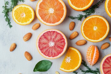 A fresh assortment of citrus fruit and nuts on a tabletop.