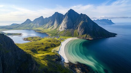 Scenic view of natural beauty featuring a fjord surrounded by rugged cliffs and distant islands under a partly cloudy sky.