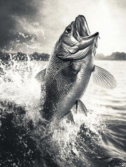 High-quality photograph of a large fish leaping from the water with its mouth open, ready to catch prey.