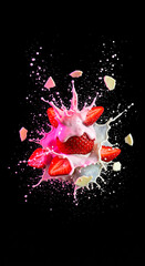 Fresh strawberries splashing in creamy yogurt, creating dynamic droplets and vibrant colors against a dark background, showcasing the essence of deliciousness and culinary artistry