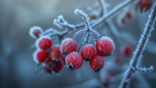 Close up of frozen red berries on branches against a blurred background