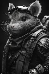 A rat is anthropomorphized by wearing an elaborate suit of armor, complete with helmet and sword. The rodent's expression is stern yet curious as it gazes off to the side.