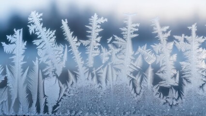 Intricate ice crystals form delicate patterns on a window surface closeup