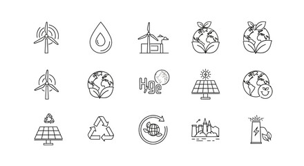 Fototapeta premium Hand drawn doodle icon set for ecology and renewable energy concepts Sketchy symbols of sustainability wind power and solar panels. EPS Editable