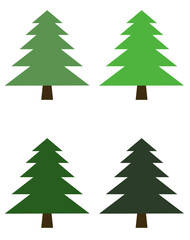 Collection of four stylized triangular pine trees in different shades of green. Simple graphic vector illustration set of conifer